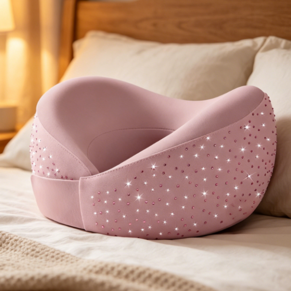 Rhinestone-Embellished Memory Foam Neck Pillow — Pink, Portable Design for Air Travel