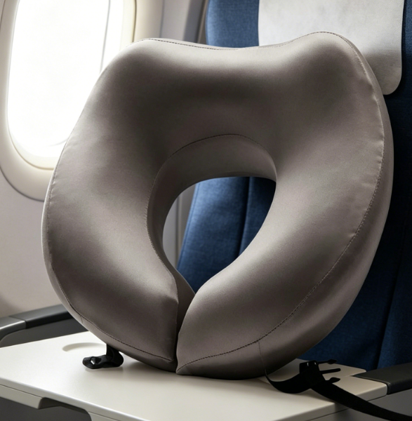 Mulberry Silk & Memory Foam Neck Pillow — Charcoal Gray, Includes Storage Bag