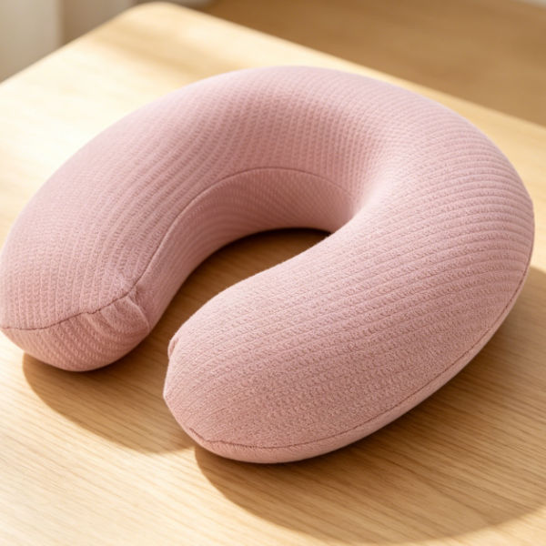 Knitted-Texture U-Shaped Memory Foam Neck Pillow — Pink, Snap-Button Closure Design