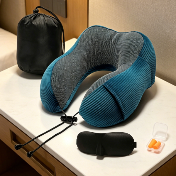 360° Memory Foam Neck Pillow — Blue, Lightweight, Includes Storage Bag